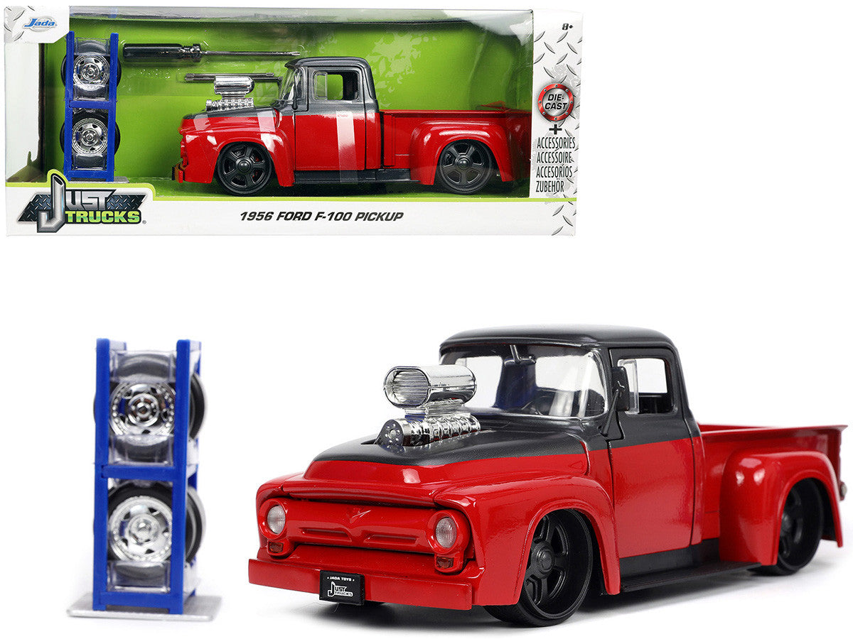 1956 Ford F-100 Pickup Truck Red and Dark Gray Metallic with Extra Wheels "Just Trucks" Series 1/24 Diecast Model Car by Jada-0