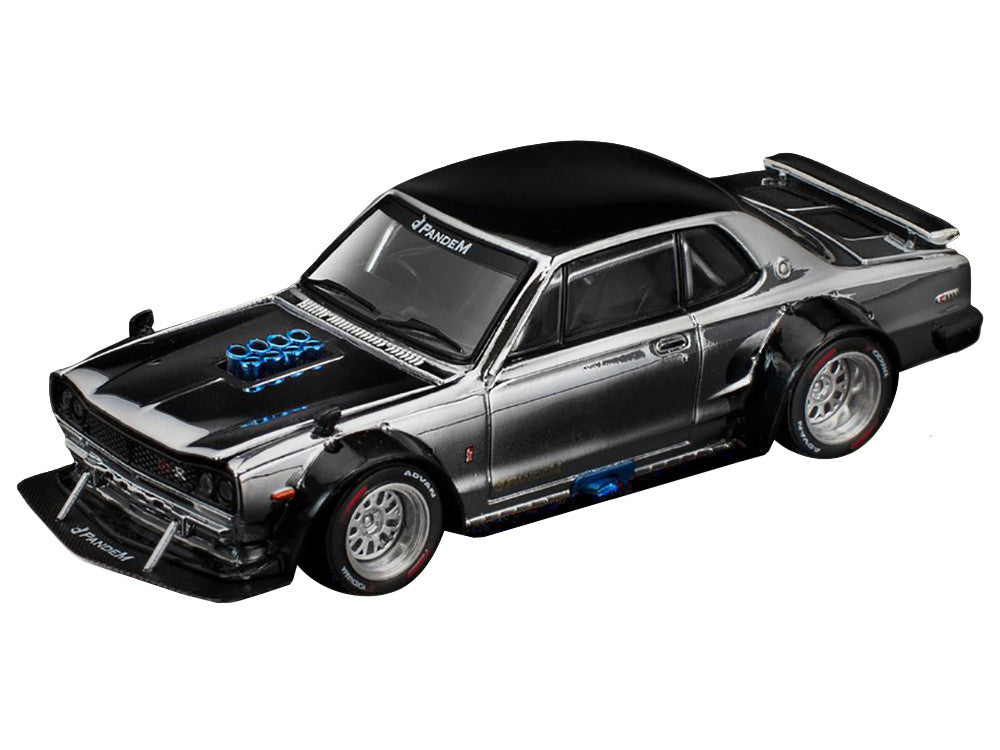 Skyline GT-R V8 Drift "Hakosuka" RHD (Right Hand Drive) Silver Chrome with Black Hood and Top 1/64 Diecast Model Car by Pop Race-1