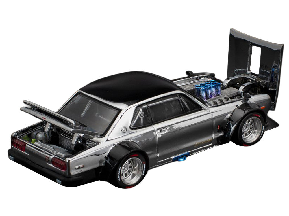 Skyline GT-R V8 Drift "Hakosuka" RHD (Right Hand Drive) Silver Chrome with Black Hood and Top 1/64 Diecast Model Car by Pop Race-2