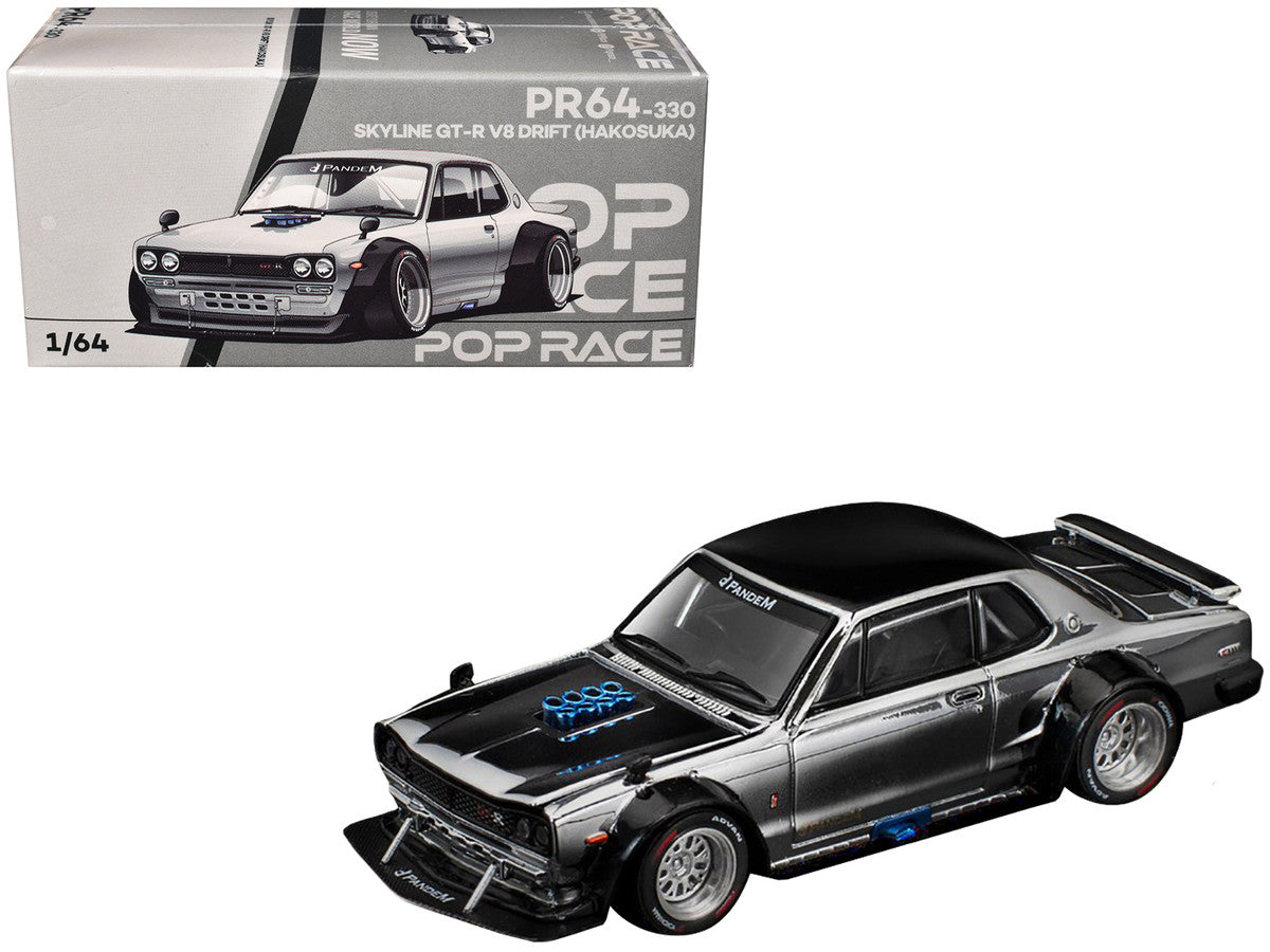 Skyline GT-R V8 Drift "Hakosuka" RHD (Right Hand Drive) Silver Chrome with Black Hood and Top 1/64 Diecast Model Car by Pop Race-0